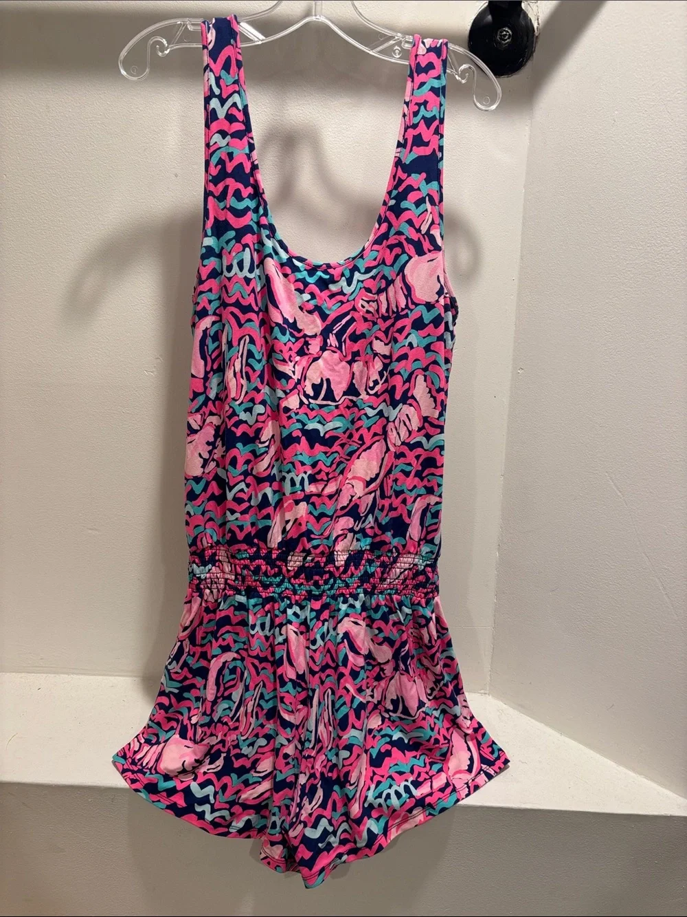Lilly Pulitzer Navy Romper with Pink and Teal Print